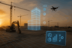 Construction technology solutions with drone, excavator, and 3D building overlay at sunrise.
