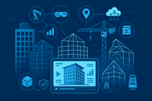 Graphic showing construction technology solutions with BIM, robotics, and cloud-based tools.