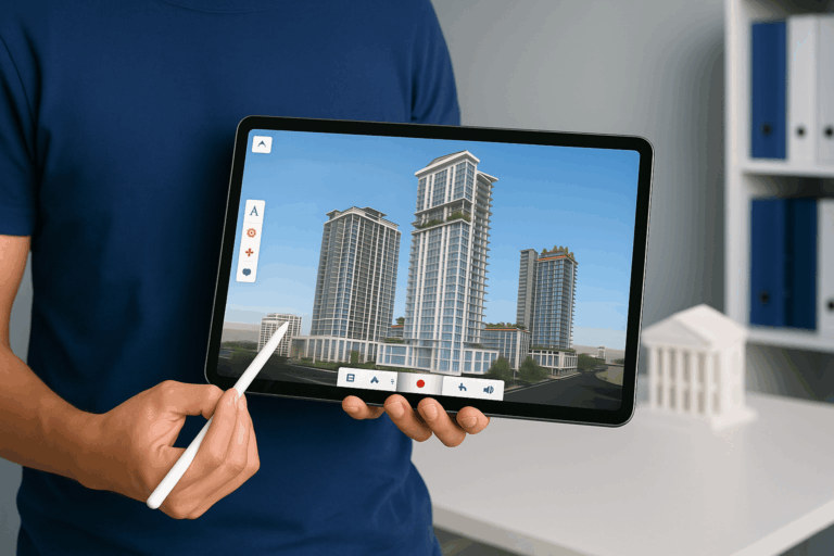 Vector illustration of architects and designers using digital tools
