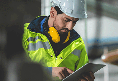 Engineer using a tablet on-site to review project data as part of a digital twin construction workflow for connected asset management.